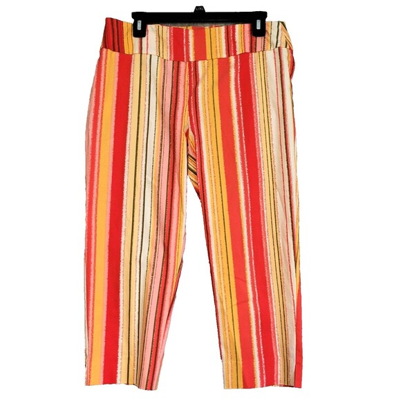 Zac & Rachel Capri Pants Women 12 Petite Red Pink Yellow Striped Stretch Pull On - Picture 1 of 7